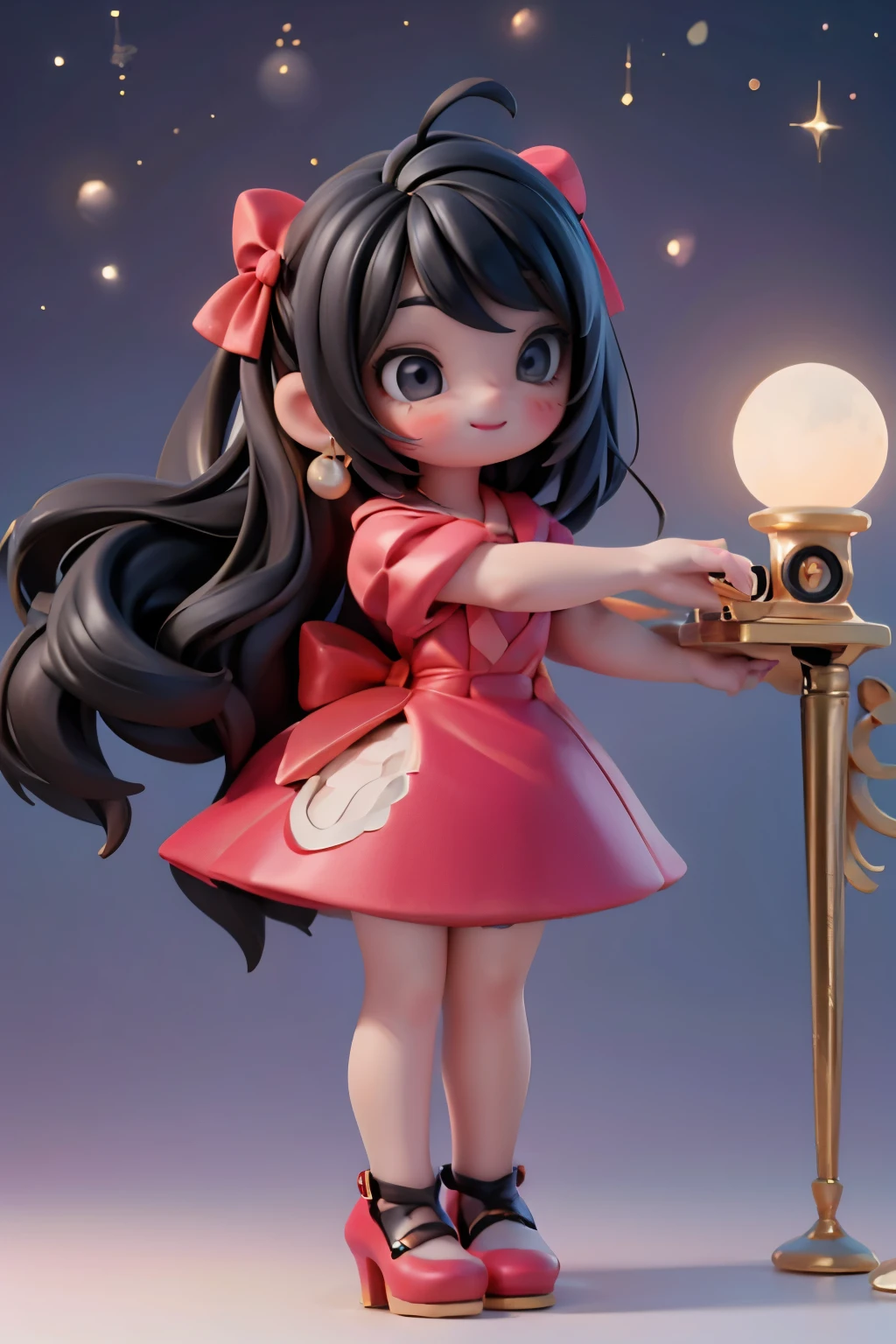 A plump winged girl with black hair adorned with intricate salon styling and large hair bows, beams a bright smile beneath red makeup, including smokey eyes and blush. She wears a vibrant red dress and sparkly ruby earrings. Her feet are showcased in white patent leather pumps and hosiery as she stands before a glowing lamp at nighttime. The moon glows in the background, surrounded by twinkling string lights of an amusement park. The camera captures her from a low angle, looking up at her dynamic pose, focusing on her captivating footwear.