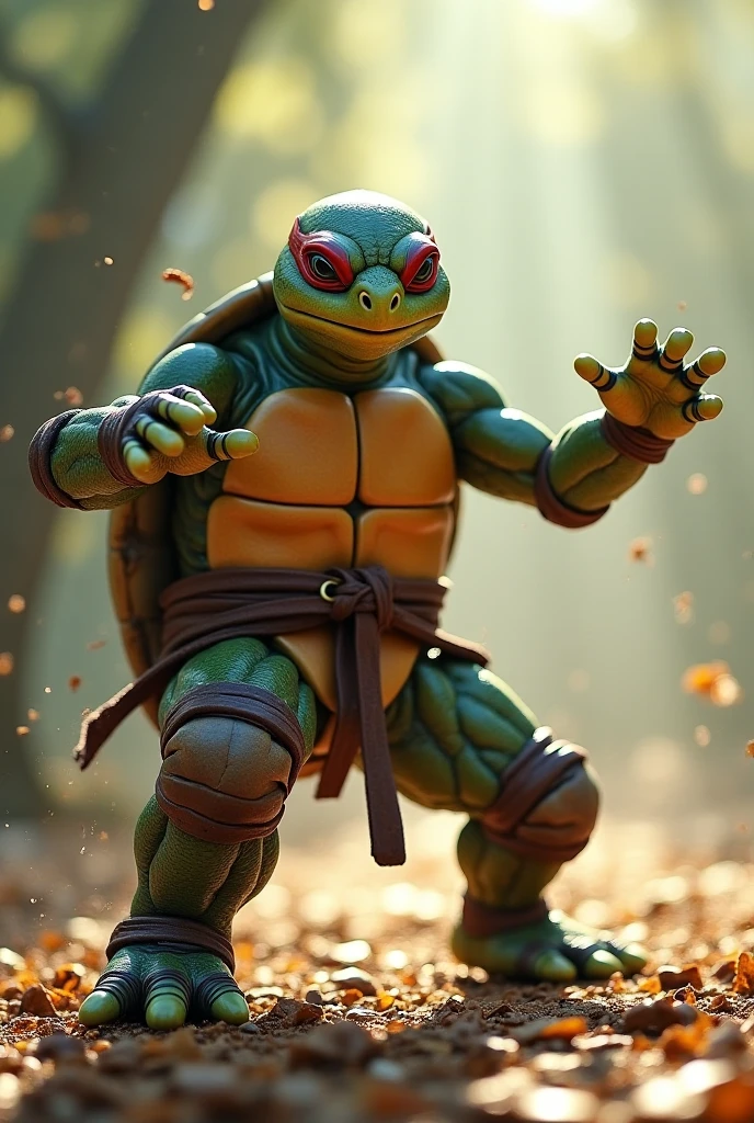 (masterpiece, photorealistic:1.4, extremely intricate:1.3), (photon mapping, radiosity, physically based rendering, ultra resolution, hyper-realistic, photorealistic:1.4, hyper-realistic, 8K), humanized tortoise, monk, his shell is green and black, his arms and legs are wrapped in brown burlap bandages, background dark damp cavern, side view, dynamic action pose karate kick