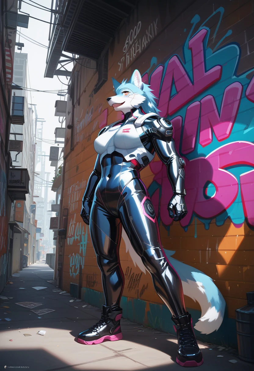 still cel art from a crt screenshot of an animated 1980s masamune shirow animated anime about a cyberpunk anthro kemono furry blue rabbit girl who patrols the streets with a technokatana looking for criminal robots --auto