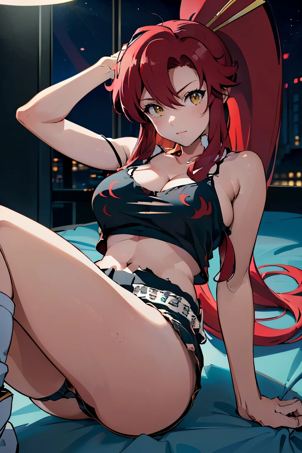 ((yl1,yokoli, 1 girl)), ((Alone)), Yoko Rittner, (masterpiece), (super high quality), (Super detailed), (High saturation ), (Detailed eyes, Eye Light), (curvy build), (Cinema Lighting) (sharp concentration), (anime style), (perfect anatomy, Anatomically Correct), Grown-up face, Curvy Body, (laying on their back)), ((laying down at night)), ((nighttime)), ((dark room)), ((dark background)), Big Breasts:1.5, ((Long Hair, ponytail, Red Hair, Long Hair, Yellow Eyes)), white boots, ((dark blue shorts)), ((loose dark blue shorts:1.5)), ((wearing a black camisole:1.5)), ((wearing a camisole:1.5)), perfect anatomy, ((sexy pose)), ((Hidden hands:1.25)), pleased expression