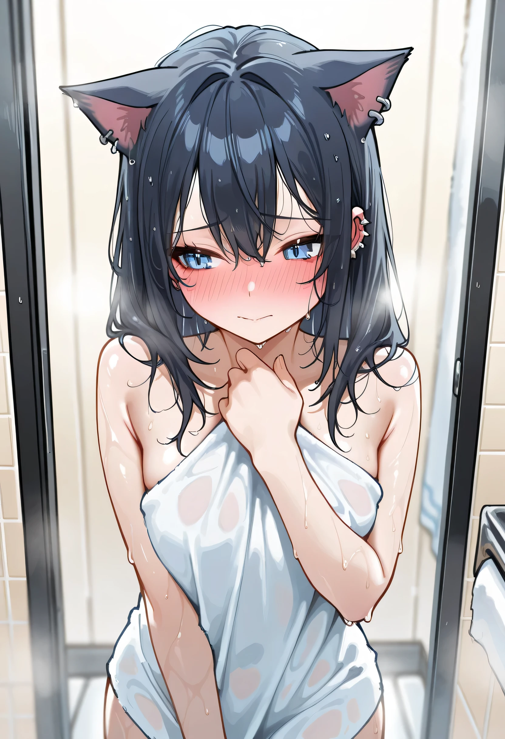 aruhshura, cat ears, embarrassed, blushing, towel slipping, wet hair, bathroom steam, shy expression, soft warm lighting, pierced ears, intimate atmosphere