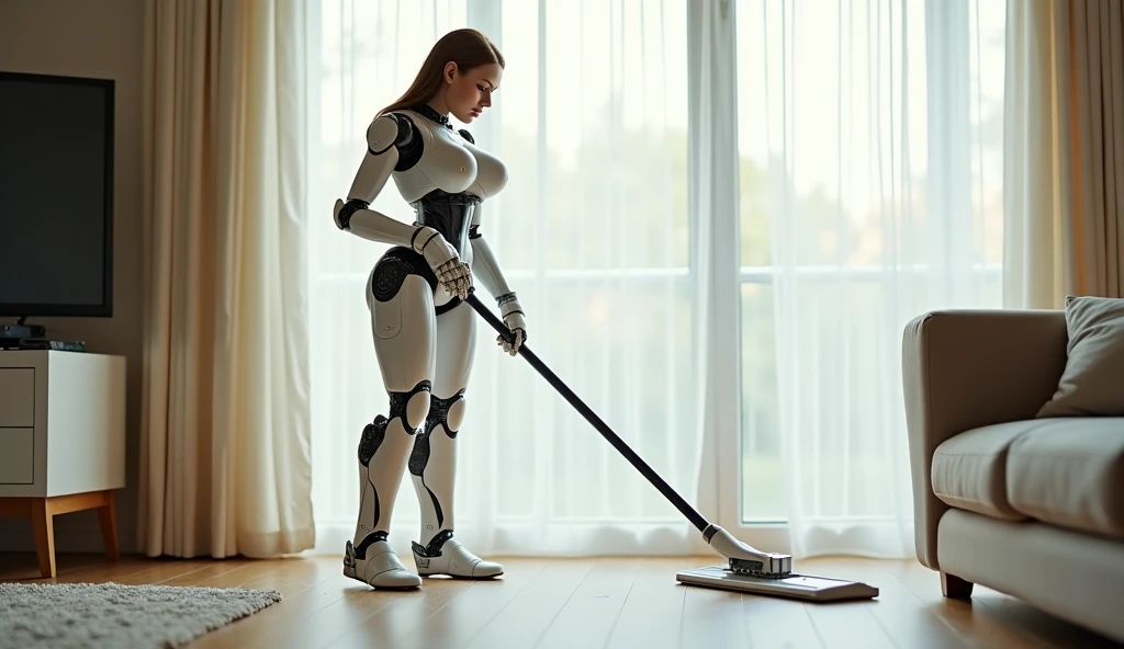 A sexy robot maid is cleaning the living room, viewed from behind