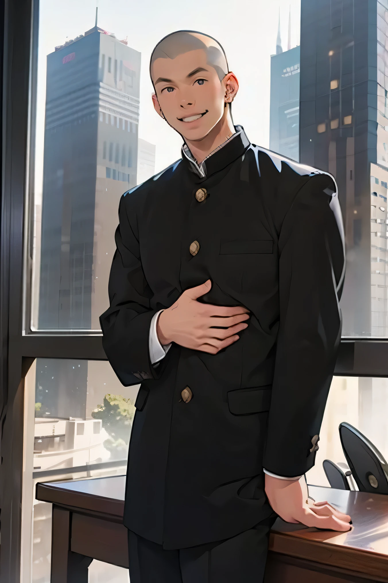 Japanese man handsome short dark hair Shaved head Shaved head adult short cropped smile In the classroom outside the window is a group of snowy futuristic urban skyscrapers Black school run school uniform Black school run sit on the desk with both hands