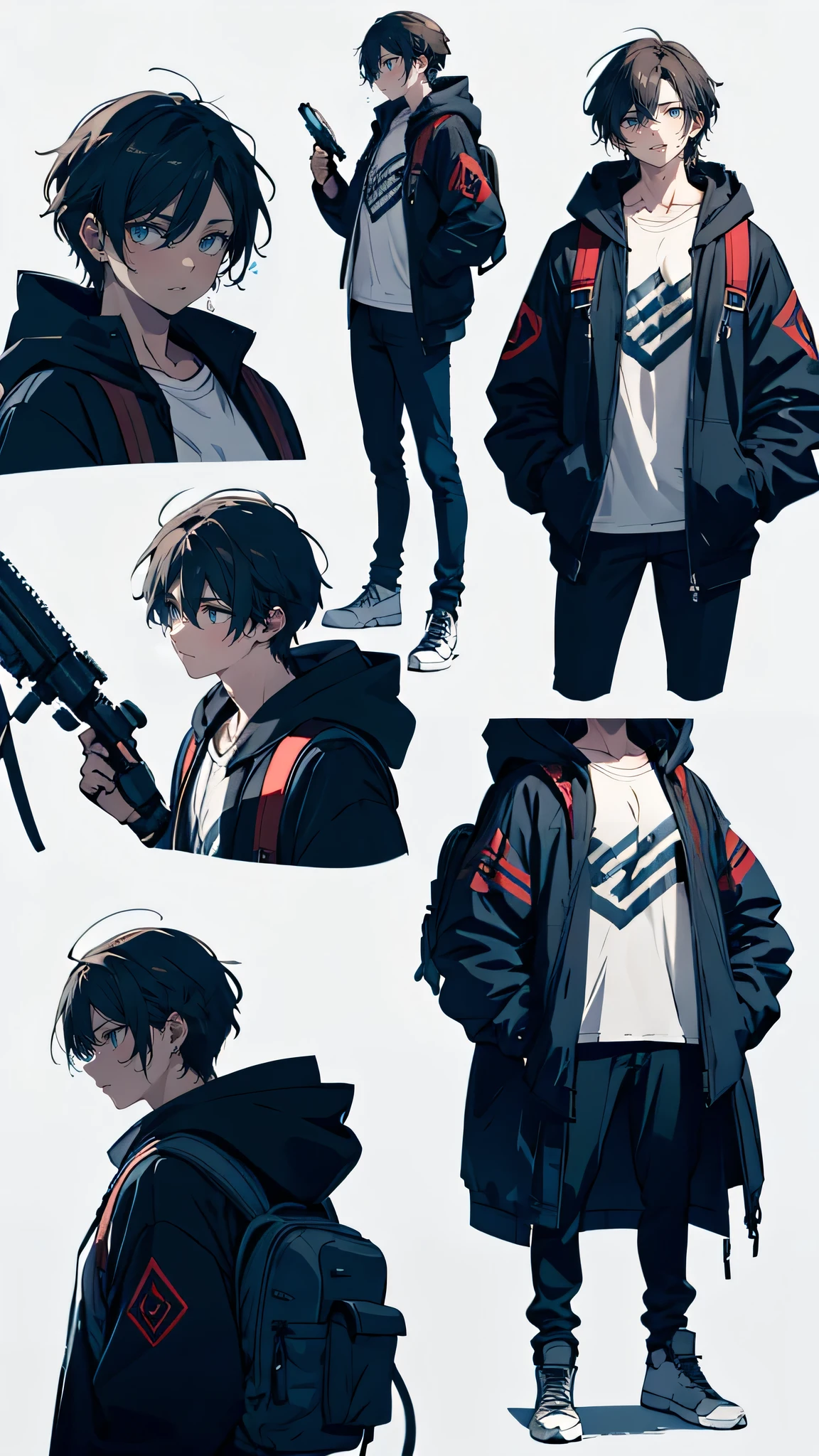 anime character sheet, a age boy with a serious and determined expression, short slightly messy dark hair, sharp blue eyes, strong jawline, wearing a worn-out hoodie over a t-shirt, well-used backpack, holding an old flashlight, defensive stance as if protecting someone, dark atmosphere, hint of dread and quiet resilience, realistic, dark, detailed, multiple expressions and poses, full-body reference, character concept design, cinematic horror lighting