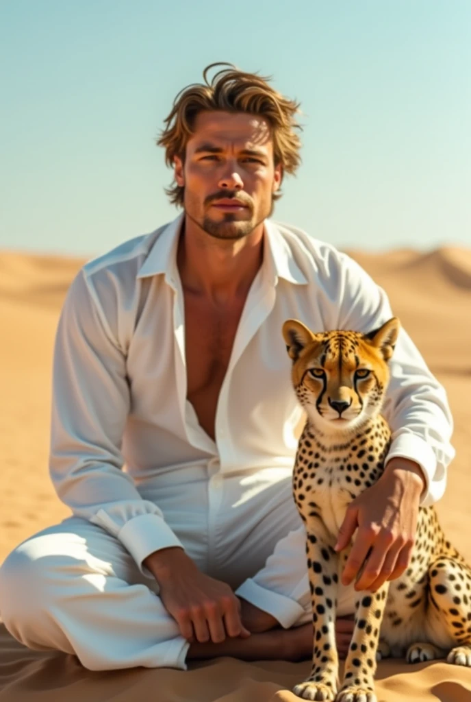 A handsome beautiful slim white skin shirtless man in the desert with two leopards completely naked in the desert