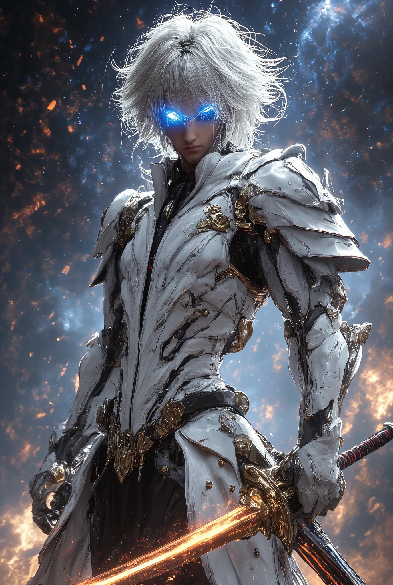 (absurdres, highres, flap of hair), masterpiece, the best quality, a boy in a white jacket, holding a sword, Alone , elegant, Short Hair, White hair, detailed face, combat posture, Attack Posture , Wielding a sword pose, Abstract background theme , Swirl, spark, magic vortex