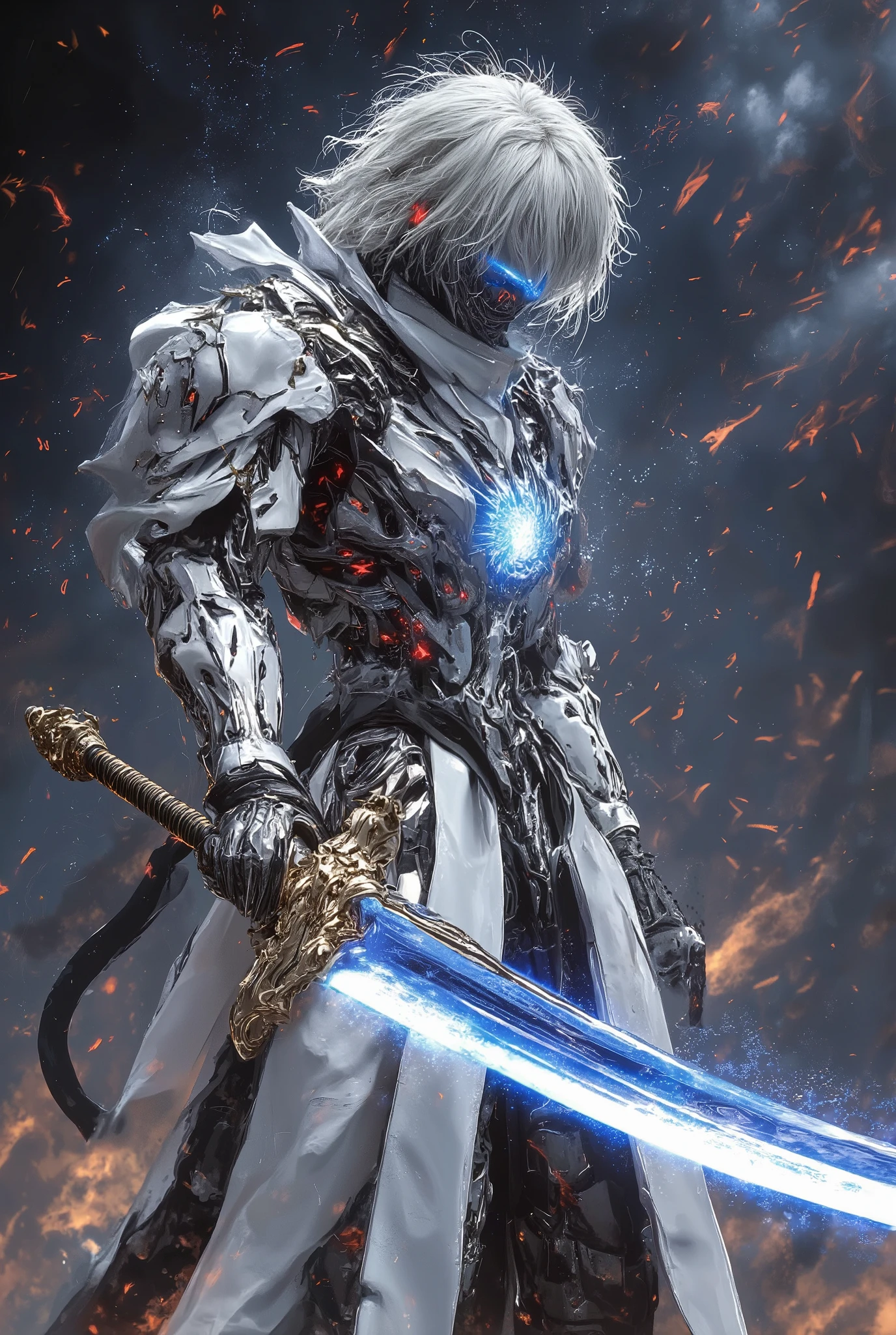 (absurdres, highres, flap of hair), masterpiece, the best quality, a boy in a white jacket, holding a sword, Alone , elegant, Short Hair, White hair, detailed face, combat posture, Attack Posture , Wielding a sword pose, Abstract background theme , Swirl, spark, magic vortex