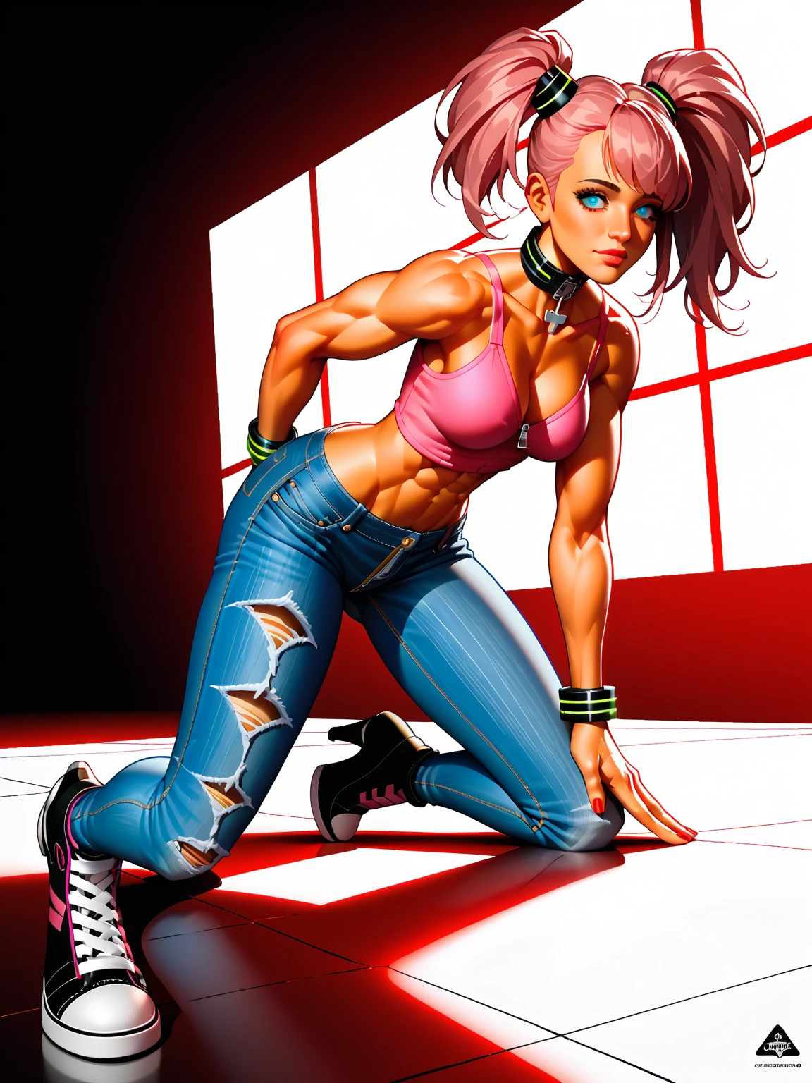 masterpiece, Ultra -HD, 8K, digital anime, bedroom alone, crossdresser alone, pink long hair of pink emphasis, HENTAI Anime, Tall,17 old a boy, make a bicep on your right arms, Small breasts, one beautiful a boy, pink lipstick, blushing face, Fair skin, Black police hat with skull and crossbones, transparent clothes, white tank top emphasis, Actually male, Breast visible, see-through breasts, belly button exposed, black micro shorts, crotch emphasis, sexy fish nets, legs spread, lovestruck face, sexy pose, The crotch bulges a lot, The crotch bulges a lot, Handcuffs are hanging from his denim shorts, 2 arms, 2 legs, black high heels