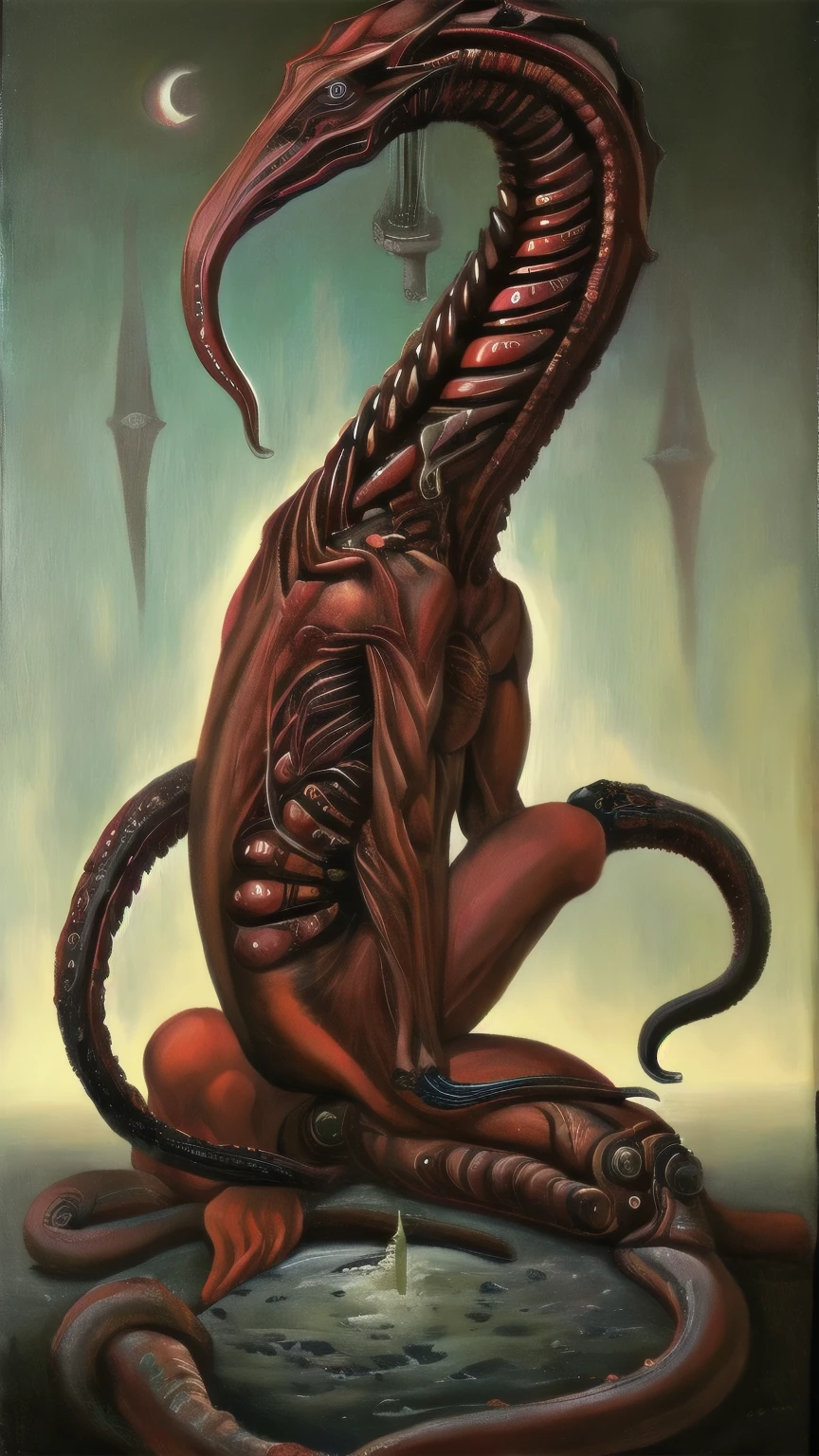 A detailed biomechanical creature with multiple arms and hands, Body horror elements, Satanic and mystical influences, rich and vivid colors, intricate biomechanical details, inspired by Hans Gieger art, dark oil color scheme,Highly realistic ,4k HD, Ultimate Details , Professional grade ,HDR, extreme color ,Bokeh, physical rendering , has tentacles and animal genitals , The background is dark , Acrylic fantasy painting , surrealism布面油画, surrealism布面油画, Dragon Oil Painting, Realistic , surrealism油画, surrealism, large , The long genitals of a hell animal parasitized by monsters , fantasy oil painting, was inspired by Ernst Hackel's , canvas and aliens ,Sexy monster parasite, animal genitals surround her sexy and hard body
