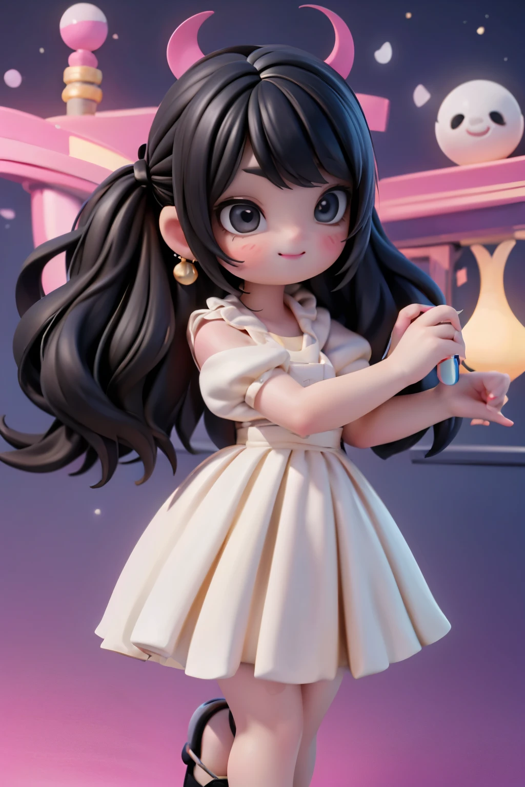A whimsical scene: A plump, winged girl with raven-black hair adorned with intricate hairbows and a salon-perfect hairstyle sits in front of a vibrant, glowing backdrop. Her red smokey eyes shine like beacons, complemented by rosy cheeks and ruby earrings. She wears a pristine white dress, paired with patent leather pumps and hosiery that seem to radiate a soft glow. As she paints the air with a magical brush, the nighttime amusement park twinkles behind her, illuminated by string lights that dance across the moonlit sky. Framed from a dynamic, low angle, focus on her mesmerizing footwear as she brings her fantastical art to life in this enchanting atmosphere.