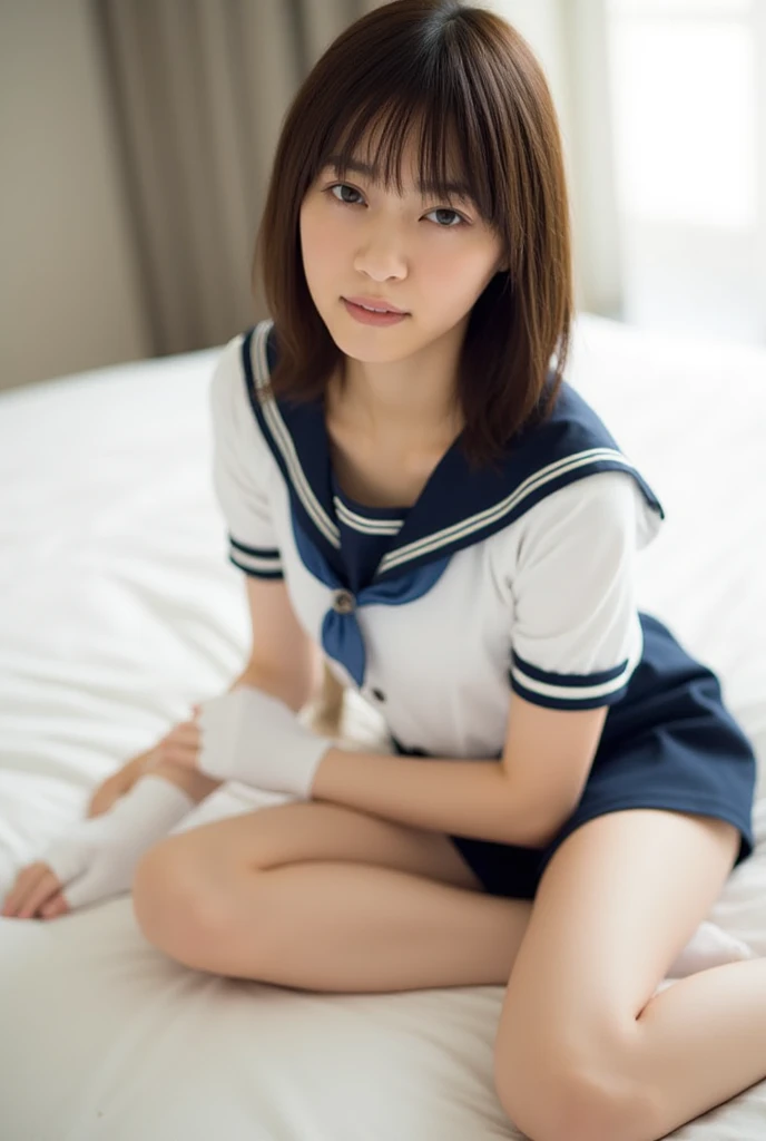 ((highest quality, 8K, masterpece :1.4anime)), highest real,Sharpness:1.3, Perfect Body Beauty:1.4,super detailed face and skin texture,(Glowing skin) ,((super real,best quality)),(soft lighting),super detailed face,top-quality、SUPER high resolution、photo of an exquisitely beautiful JAPANESE girl、Extraordinary beautiful girl、Detailed cute and beautiful face、(pureerosface_v1:0.008)、LONG HAIR cut with beautiful bangs,Attractive bright natural BROWN short straight silky hair、finer hair,alice in the wonderland、18 year old、Glowing white shiny skin、facial hairs、Bangs that extend to the face、Bangs between the eyes、Attractive glowing beautiful bright clear big eyes、eye liner、Double eyelids、Lush bust, ((NSFW:1.5)), my sister,18 years old,((JAPANESE IDOL)),(huge breasts :1.8,large breasts:1.8,beautiful areola,small areola),(Glowing skin),(((Manga style background)),(Inside the room, bright room, Marble floors, white concrete walls,large windows, sunlight shines in),)((Perfectly rendered hands and fingers)),((Look down:1.6,Look at mybreasts:1.6)),((Composition from the front:1.4)),((SMILE FACE:1.4)),(close up face:1.2,upper body:1.2),((school uniform:1.4,sailor suit:1.4,RED SKIRT:1.2,WHITE SHIRTS:1.2)),(Squatting:1.4,cum in pussy:1.4)