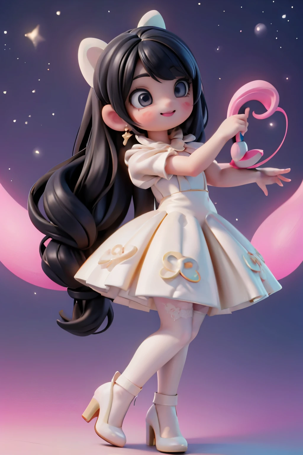 In a vibrant nighttime setting, an adorable winged plump girl with black hair, adorned with intricate hairstyles and colorful hairbows, beams with joy, her red smokey eyes sparkling under the moonlit sky. She wears a white dress, ruby earrings, and dons ((white patent leather pumps)) and ((white hosiery)). With a magical brush, she brings forth neon hues, swirling in mid-air. The amusement park's twinkling lights and string illumination create a whimsical backdrop. Shot from a low angle, focusing on her mesmerizing footwear, the scene exudes fantasy art style and enchanting atmosphere.