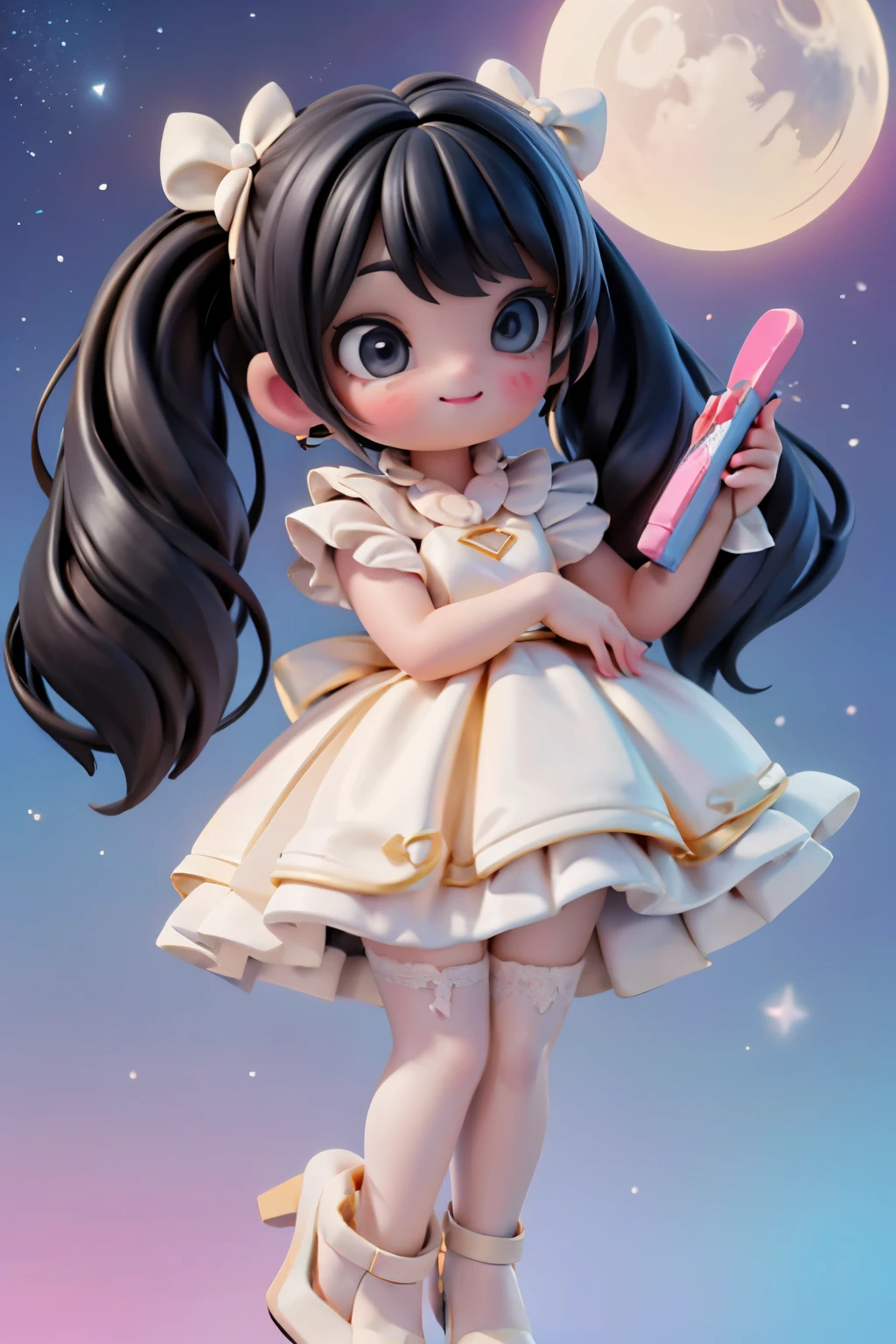 In a vibrant nighttime setting, an adorable winged plump girl with black hair, adorned with intricate hairstyles and colorful hairbows, beams with joy, her red smokey eyes sparkling under the moonlit sky. She wears a white dress, ruby earrings, and dons ((white patent leather pumps)) and ((white hosiery)). With a magical brush, she brings forth neon hues, swirling in mid-air. The amusement park's twinkling lights and string illumination create a whimsical backdrop. Shot from a low angle, focusing on her mesmerizing footwear, the scene exudes fantasy art style and enchanting atmosphere.