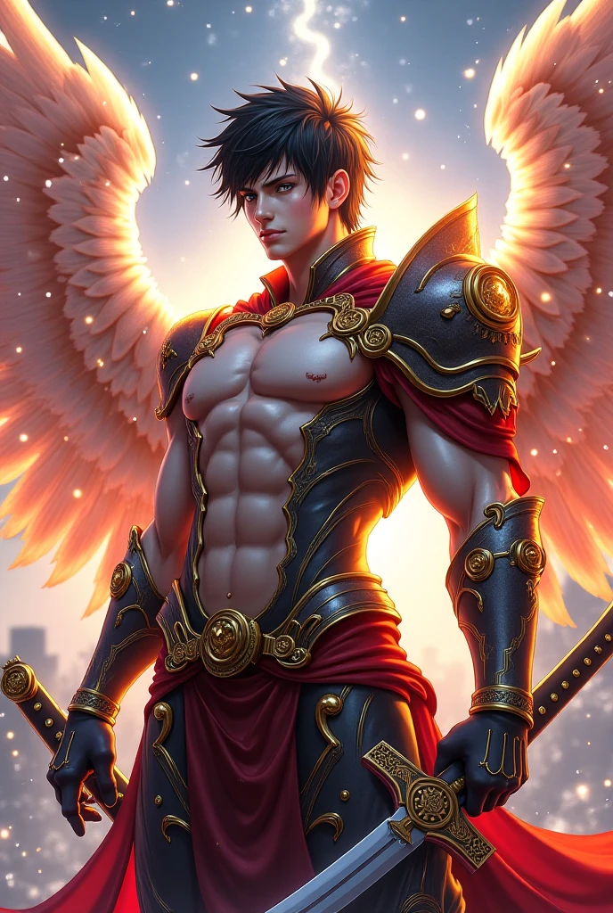 male angel, fantasy, bara, colorful lighting, dramatic pose, glowing, whole body, master piece, concept art, detailed face, trending on artstation