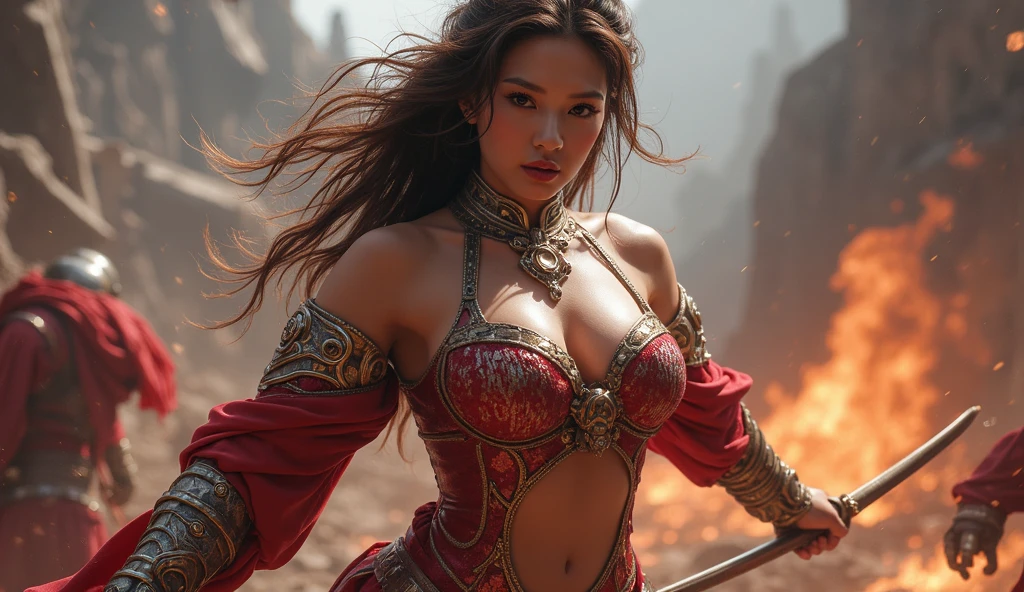 (Best quality, 8k, 32k, Masterpiece, UHD:1.2),fantasy,beautiful woman,japanese,warrior,Exposed bikini Armor,smile,thigh,bare navel