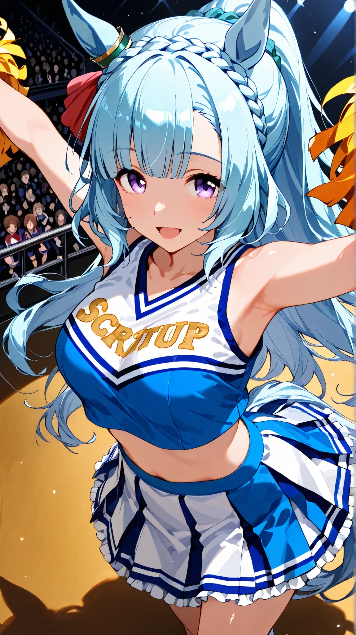 score_9, score_8_up , score_7_up , source_anime, masterpiece, Highest quality, Mejiro Ardan \(Uma Musume\), 1 girl, light blue hair, long hair, ponytail, light purple eyes, horse ears, So beautiful, Pretty Girl, Very pretty, beautiful girl, Horseshoe, cheerful :d, standing, beautiful Face and skin, shiny skin, supple and very beautiful hair, detaild eyes, crown braid, horse ears, ear ornament, frills, from above, spotlight, high saturation, light sparkles, lookimg at viewer, spread arms, hud_ch_ldr, cheerleader, blue and white crop top, blue and white pleated skirt, blue pom pom \(cheerleading\), Racecourse, In front of the audience stand, Fan service to the audience on the lawn