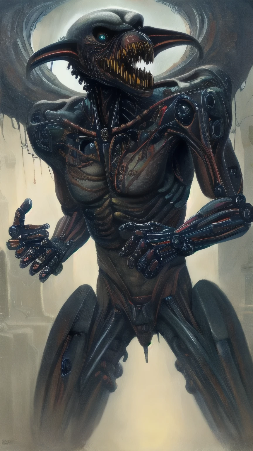 A detailed biomechanical creature with multiple arms and hands, Body horror elements, Satanic and mystical influences, rich and vivid colors, intricate biomechanical details, inspired by Hans Gieger art, dark oil color scheme,Highly realistic ,4k HD, Ultimate Details , Professional grade ,HDR, extreme color ,Bokeh, physical rendering
