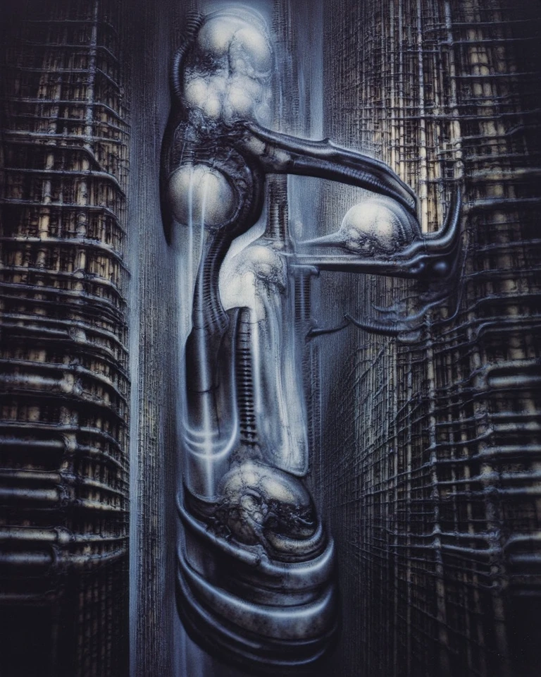 The image is a detailed view of H.R. Giger's biomechanical tableau \" Landscape XVI \" plate, featuring.
H r (Hans Rudie) giger's artwork depicts a robot with a humanoid shape, featuring a torso and two arms, standing against a backdrop of pipes and wires., tableau, big painting, masterpiece,HDR,UHD,uplight ,HRGigerArhP style,H.G. Giger Style, Biomechanics,lineart, 
surrealistic painting of a monster with multiple tentacles and a body that looks like a brain, surrounded by a chaotic scene of swirling clouds and other monsters
 It's a complex network of bones and organs in eldritch color scheme:a greenish-brown hue ,swirling gery and brown colors. The artwork is silverish and green brown, with an ivory bones prominently displayed. The image is highly detailed and intricate, almost like a 3d version of a medical sketchwork.   
The piece is a tableau, most likely created with a India ink pen or pencil on paper, determined by the thin lines, shading techniques, and the texture of the paper, which is visible around the edges.
Used is pen, given the shading and variations in line weight visible in the image. Artist have used a variety of stylus with different degrees of hardness to achieve the shading effects.
 The use of undersaturated green-grays dark contrasts creates a stark and graphic look. Is used a variety of linework techniques to create different textures. Fine, parallel lines create a smooth, metallic texture,while thicker, more cursive lines suggest cables or wires.
Light source from the top highlights skeletals, pper part of foreground, lower part of image is in shadowupper part of foreground, lower part of image is in shadow.
The art performance showcases the artist’s skills in observation and rendering. The level of detail in the piece suggests a close study of real bone specimens and mechanics. The artist has skillfully used shading techniques to create a convincing illusion of three-dimensionality on a flat surface. The wrinkles 