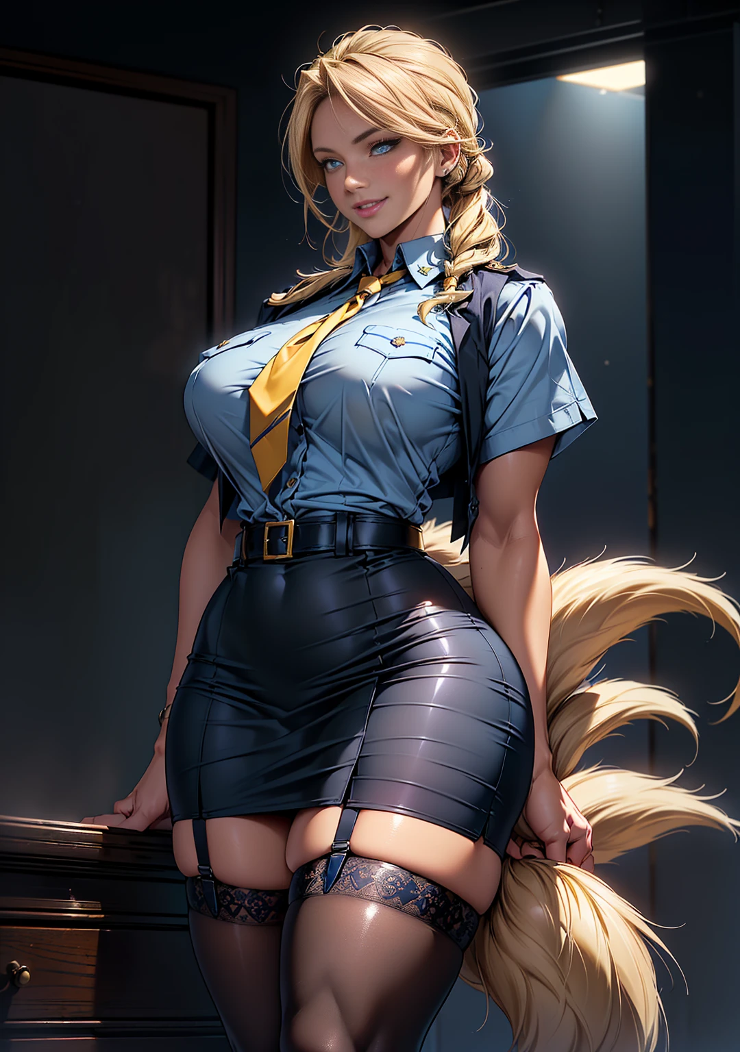 Top quality, masterpiece, high_res, 1girl, Beautiful face, Photorealistic photography, Rim lighting, (High Detail Skin:1.2), 8K UHD, DSLR, High Quality, High Resolution, 4K, 8K, Bokeh, Middle Chest, Absurdity, Blonde Shortcut, Best Ratio Four Fingers and One Thumb, Short Cut, Muscular, Blonde Short-cut, Open legs, Tanned brown skin, Japan person, Miniskirt police cosplay, female police officer, miniskirt, mouth wide open, tongue long and finger licking, tongue sticking out, licking, squatting and legs open