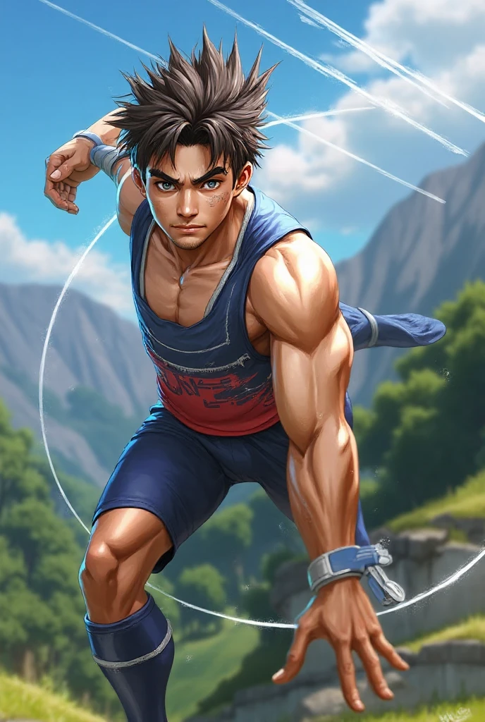 anime character, muscular, short hair, blue t-shirt, wearing swords