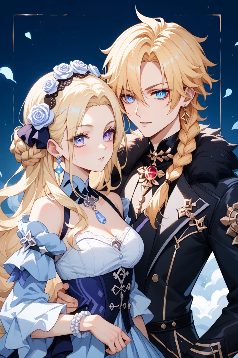 Homme peau noir metisse cheveux bouclés avec femme blonde aux yeux vert, romance , couple, univers Kingdom Hearts, dessin manga anime realiste