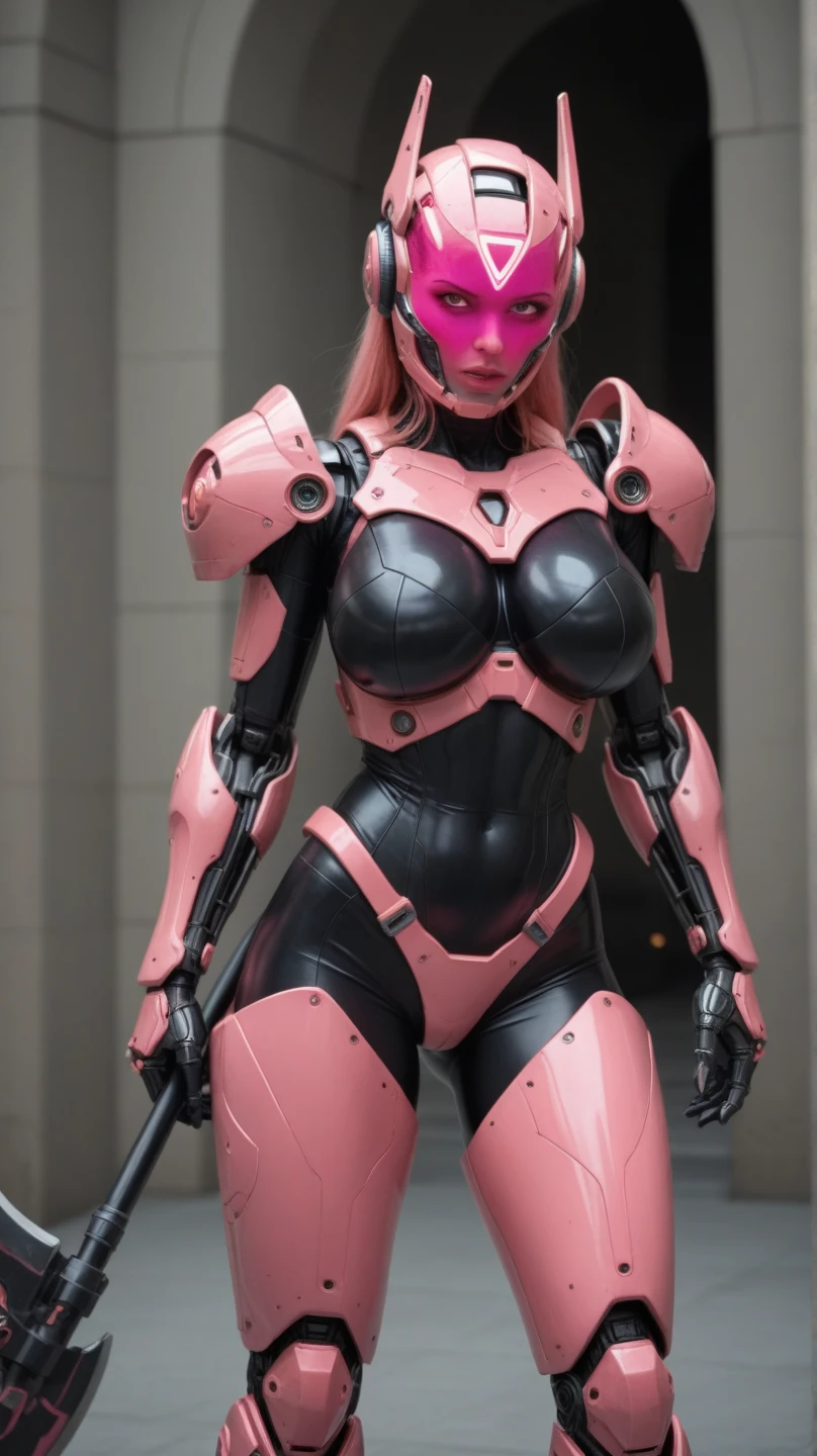 ((power ranger)), one girls, solo, slim figure, Masked Face, (Light pink cybersuit), Thin outfit with a tight body, Long leather gloves up to the elbow, Long leather boots, Wearing a full-face helmet, ((a miniskirt)), Pink stockings, (Full body suit that does not expose skin), (Full face helmet to hide the face), Shiny thin clothes, Full body suit made of nylon material, Cybersuit that adheres to the body