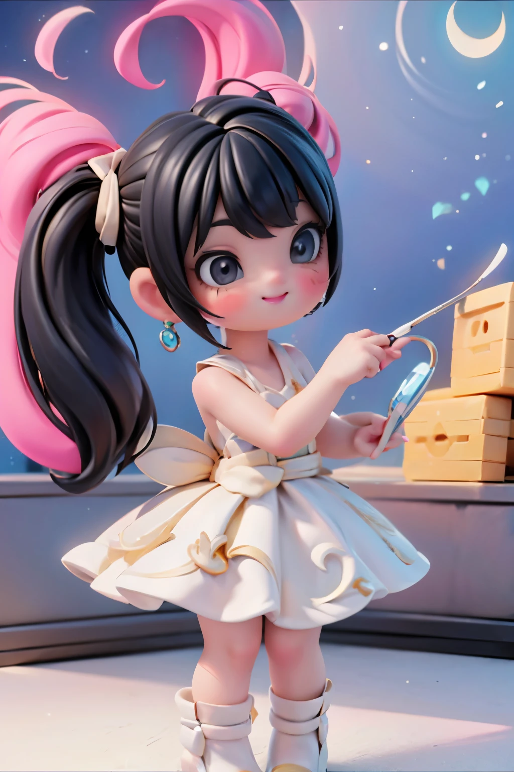 A whimsical nighttime scene: A plump, winged girl with black hair and intricate salon-style hairstyle, adorned with hairbows and makeup featuring bold red smokey eyes and blush. She wears a flowing white dress, ruby earrings, and stands in front of an amusement park at night, illuminated by string lights and the silvery glow of the full moon. Her magical brush paints vibrant neon colors into the air as she smiles, surrounded by swirling hues of pink, blue, and green. Framed from a low angle, looking up at her, with focus on her stunning footwear: white patent leather pumps and matching hosiery.
