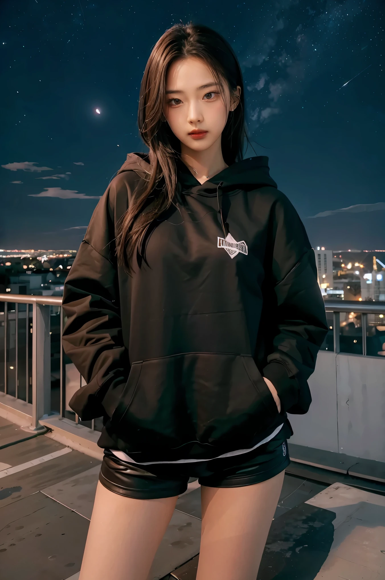 1girl,highres, high quality, masterpiece,black hoodie, white short, rooftop with city light in the background, starry night,