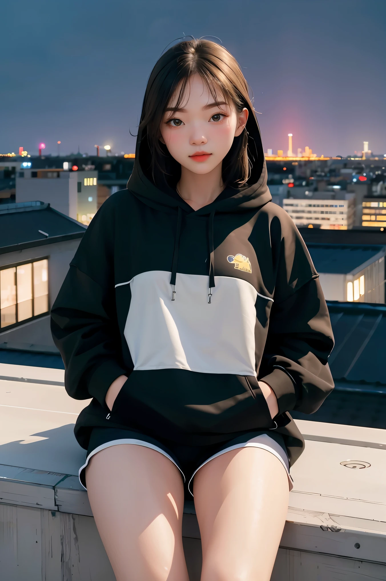 1girl,highres, high quality, masterpiece,black hoodie, white short, rooftop with city light in the background, starry night,