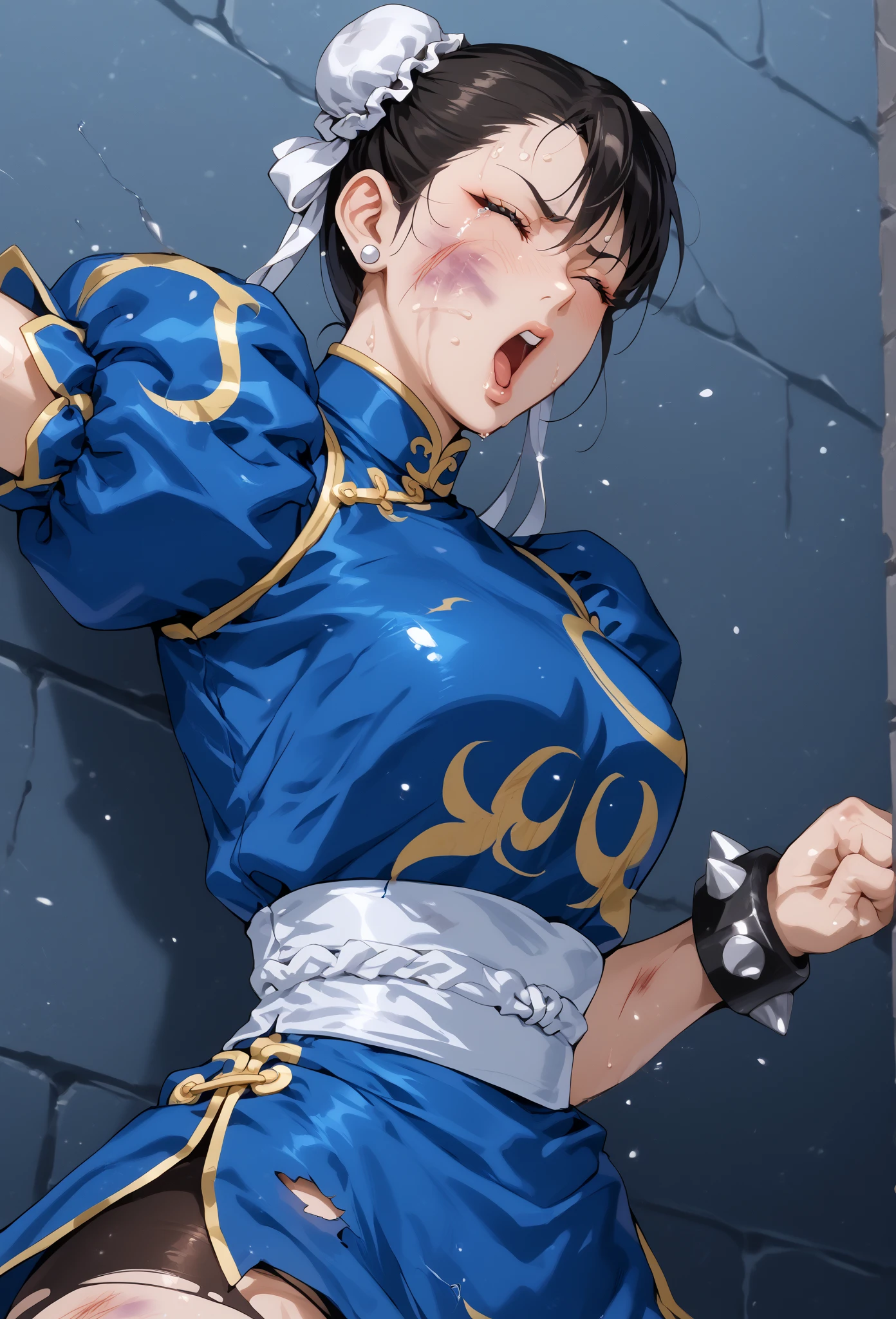 alone, masterpiece, highest quality, Super detailed, 8K, NSFW, gore, Violence, (Rub the wooden horse's crotch), (her arms are behind her back), tied arms, break, Chunli, From SF2, bun hair, Pan with lid, China dress, chai pao, blue clothes, puffy sleeves, brown pantyhose, white obi, (Torn:1.3), black hair, large drooping chest, thick legs, Are crying, teardrop, break, injury, (many wounds and lacerations on the body and face:1.2), blood splattered on the face, (((The forehead and cheeks are swollen:1.1))), ((I got a bruise on my face:1.2)), (((Eyes are swollen and almost closed:1.3))), drooling, Spitting laxatives, bleed, prison, torture,