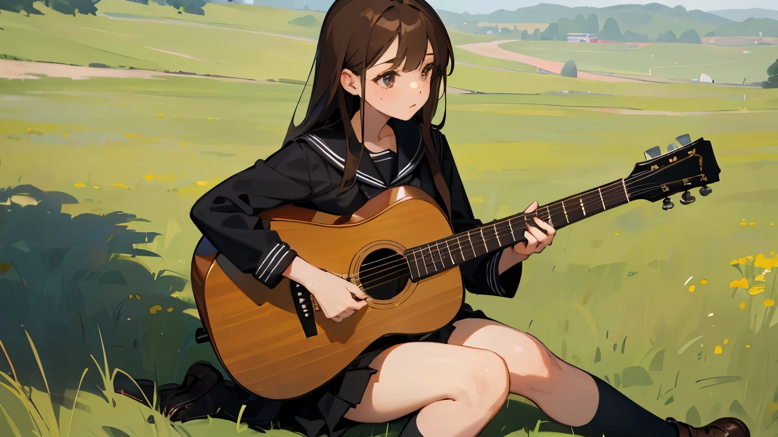 Highest image quality. Fine details. One girl. She is sitting in a meadow, playing acoustic guitar and singing. She is singing with her eyes closed and mouth wide open. She has long dark brown hair. A black sailor suit. A black pleated skirt. Short black socks. She wears black loafers. Beautiful thighs.