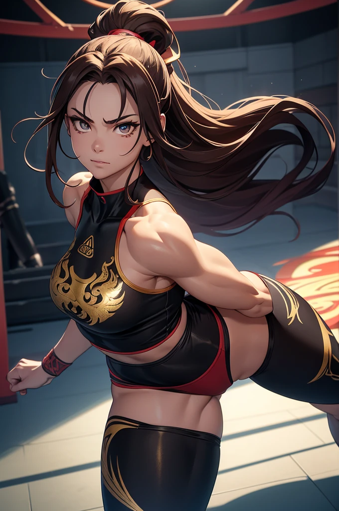 Young guy, short black hair, high ponytail, Yellow eyes, Scars, bloods, confusion, Wounds, Smile, Bandages, red martial arts pants, open torso, Masterpiece, hiquality, 4k, HD, Good detail