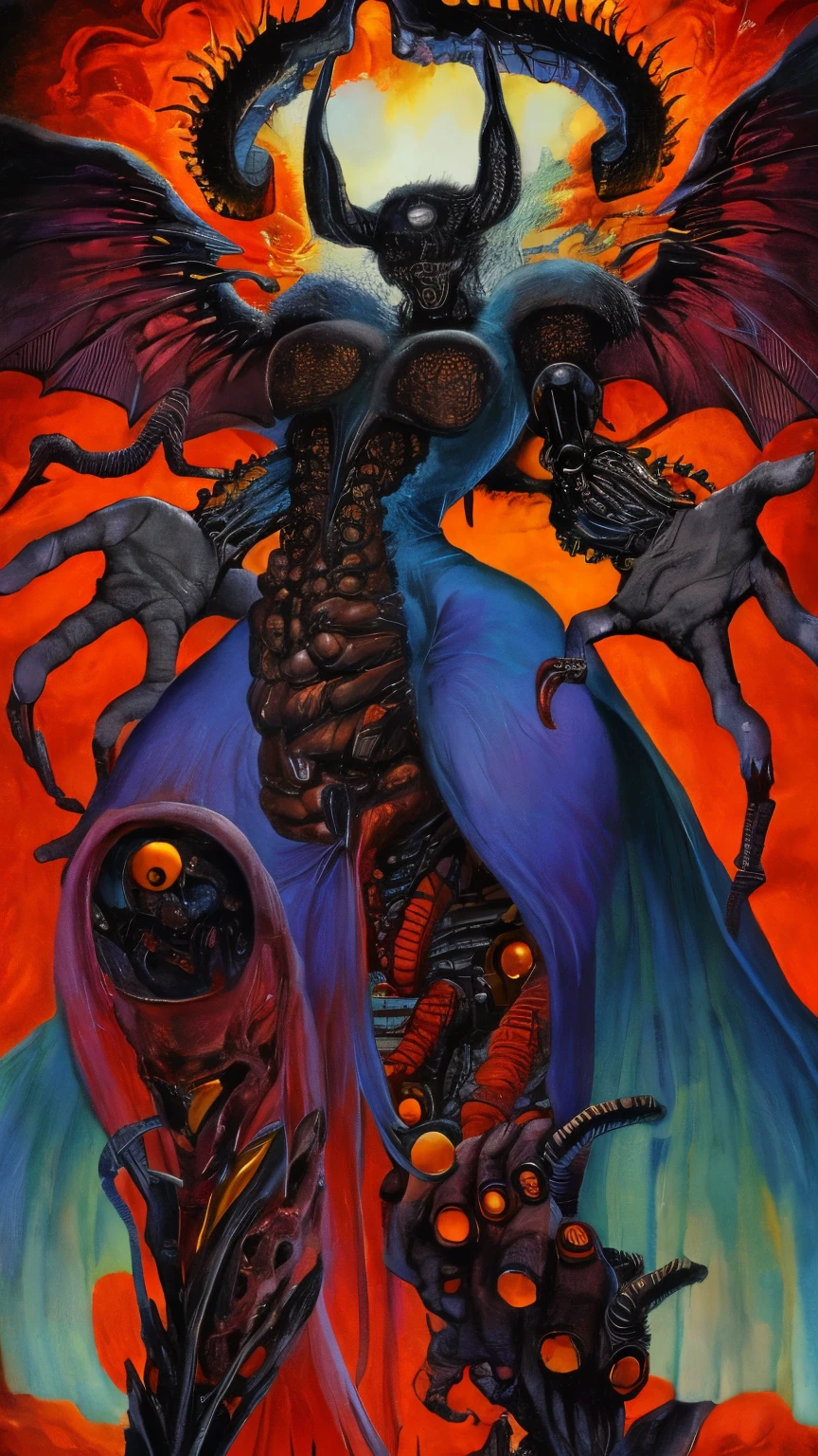 A detailed biomechanical creature with multiple arms and hands, Body horror elements, Satanic and mystical influences, rich and vivid colors, Intricate biomechanical details, inspired by Hans Gieger art, dark oil color scheme, is best, 4K, 8,000, high resolution, masterpiece, super detailed, actual , photo actual , Professional, wearing a medical gown, extremely detailed description