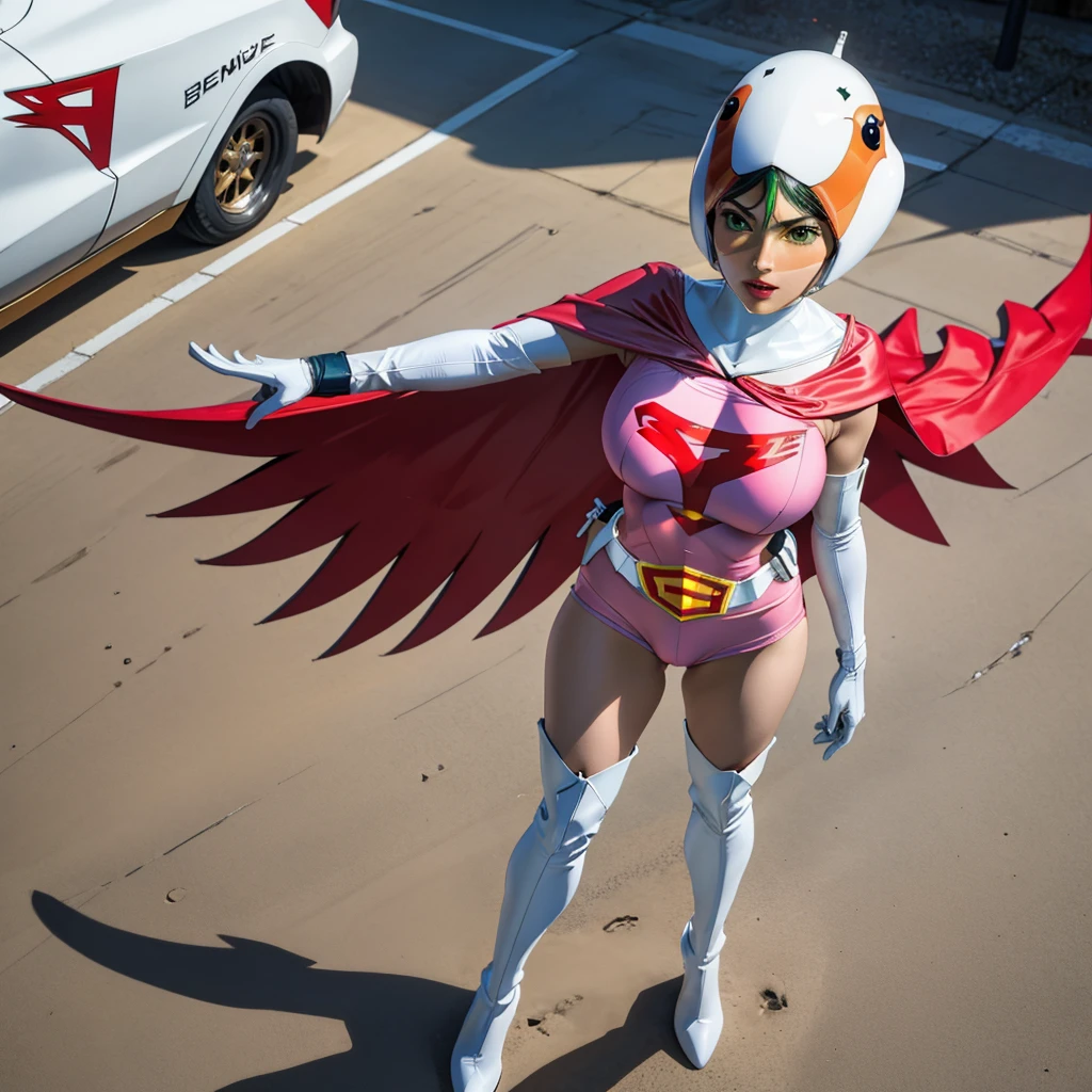ANI_CLASSIC_jun_gatchaman_ownwaifu,1girl, 15yo,good anatomy, masterpiece, best quality,realistic, hyperrealistic, 16k hdr, long hair,breasts,green eyes,lips,large breasts,lipstick,makeup,gloves,cape,helmet,belt,elbow gloves,white gloves,mask,ultra miniskirt,leotard,spacesuit,white tight overknee highheels boots,pink dress,superhero,bodysuit,cleavage,erected nipples,(sexy pose,view from above),(spread legs:1.1),cameltoe