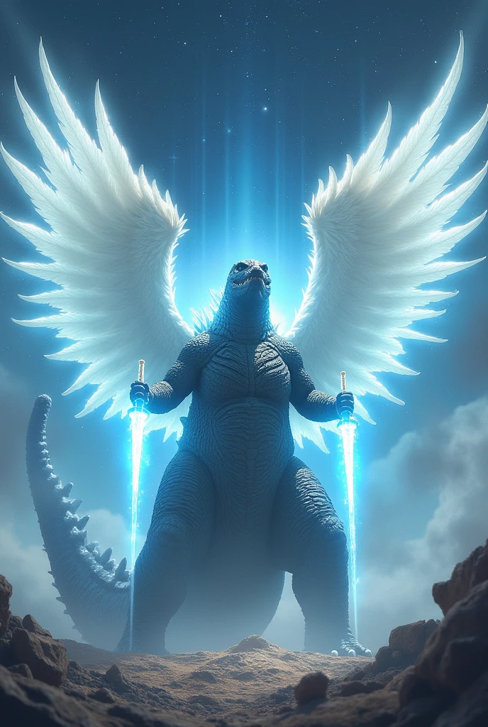 WHITE GODZILLA WITH EMERALD ARMOR WITH HUGE WHITE WINGS