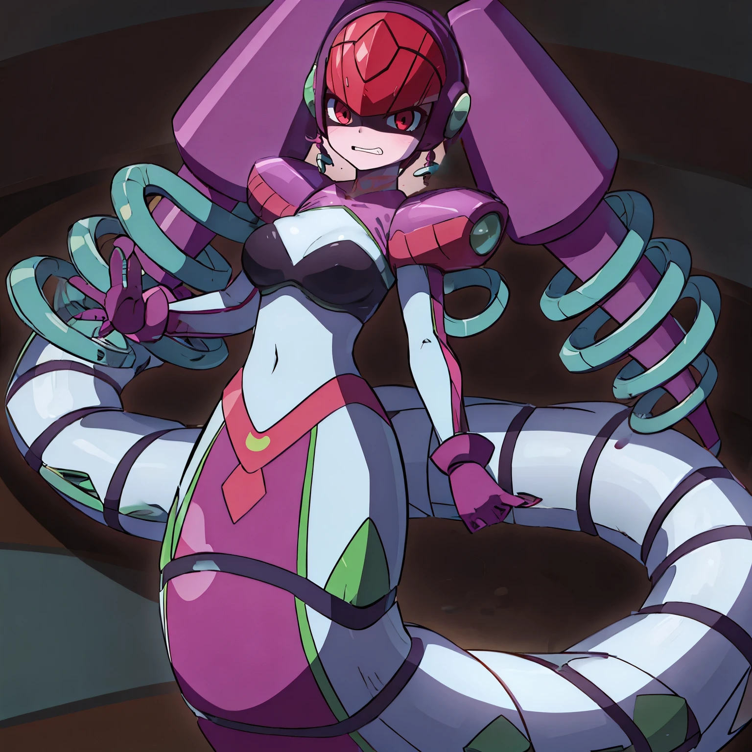 twintails,twin drills, rubber suit, helmet,earrings,red eyes,shaded face,anger