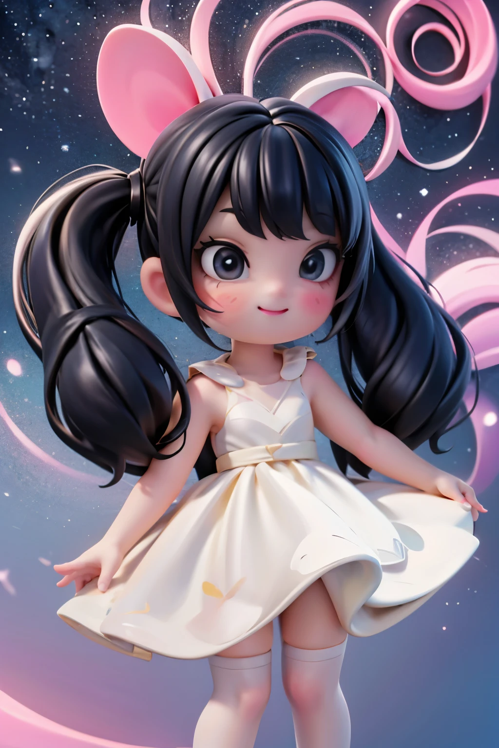 In a whimsical nighttime setting, with the full moon shining brightly in the background, a plump and adorable winged girl stands out against a canvas of neon glowing colors suspended in the air. She's dressed in a flowing white dress, her black hair styled in intricate salon locks adorned with hairbows, and her face painted with vibrant makeup - red smokey eyes and blush adding to her enchanting smile. Her magical brush glows with an ethereal light as she brings the swirling colors to life. A string of lights crisscrosses the dark sky above, framing the amusement park's twinkling attractions. The camera captures a dynamic low-angle shot from below, focusing on the girl's stunning white patent leather pumps and matching hosiery, as if drawn into her magical world.