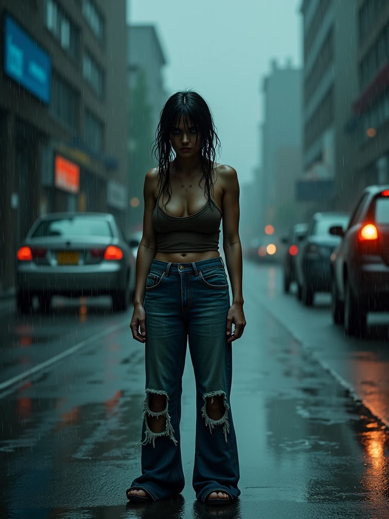 A women with no shirt in the rain looking for ahelter