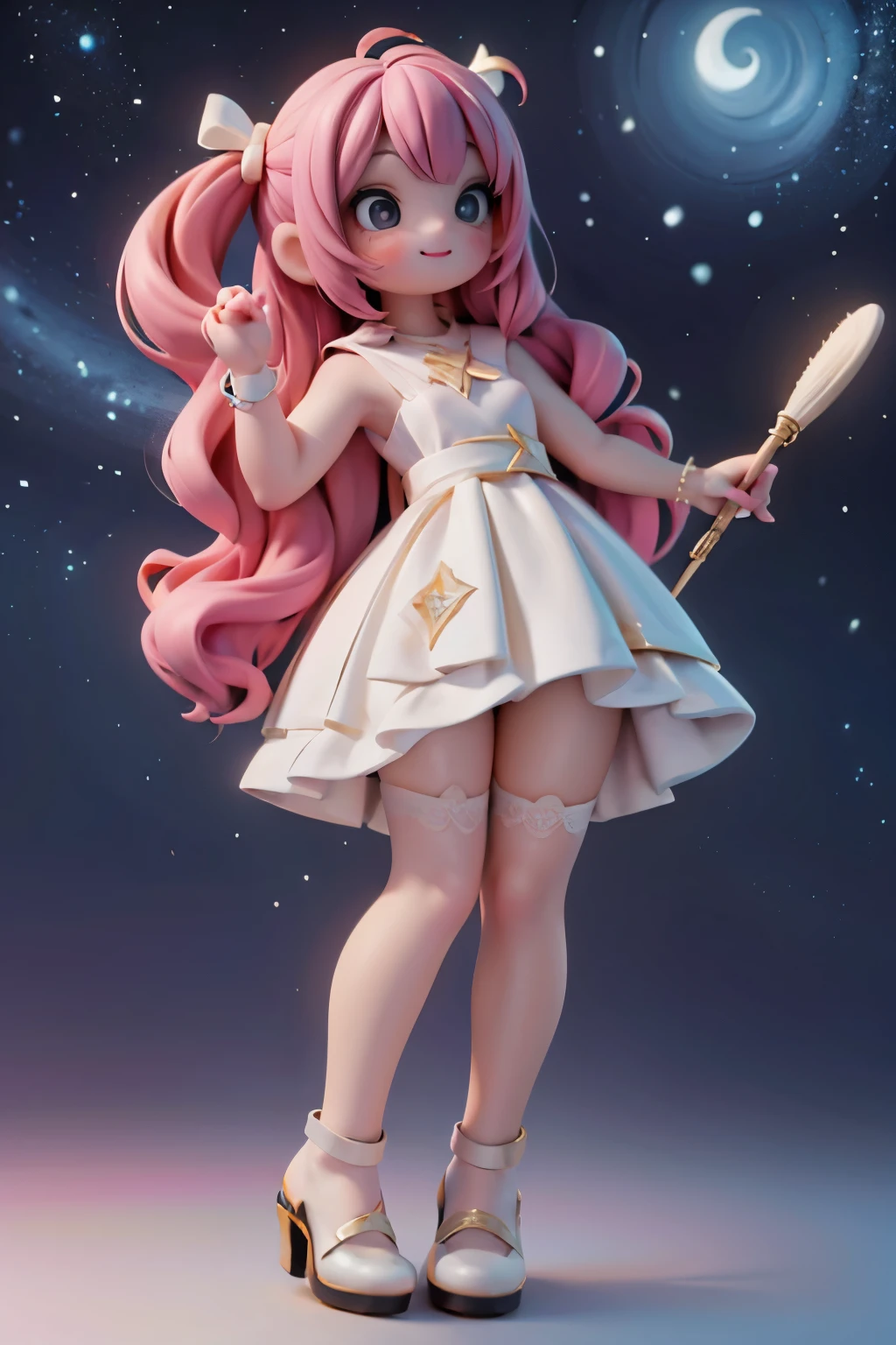 A whimsical scene unfolds: a plump girl with large, curly hair and vibrant hairbows poses amidst a magical aura of neon hues. She wears a white dress, ruby earrings, and gleams with red smokey eyes and rosy cheeks. In one hand, she grasps a brush that radiates colors into the air. The background features a moonlit amusement park at night, illuminated by twinkling string lights. Shot from a low angle, we gaze up at her from below, focusing on her footwear - a pair of sparkling white patent leather pumps and hosiery. The dynamic composition captures the fantasy art style's essence, as our subject exudes joy and magic under the starry night sky.