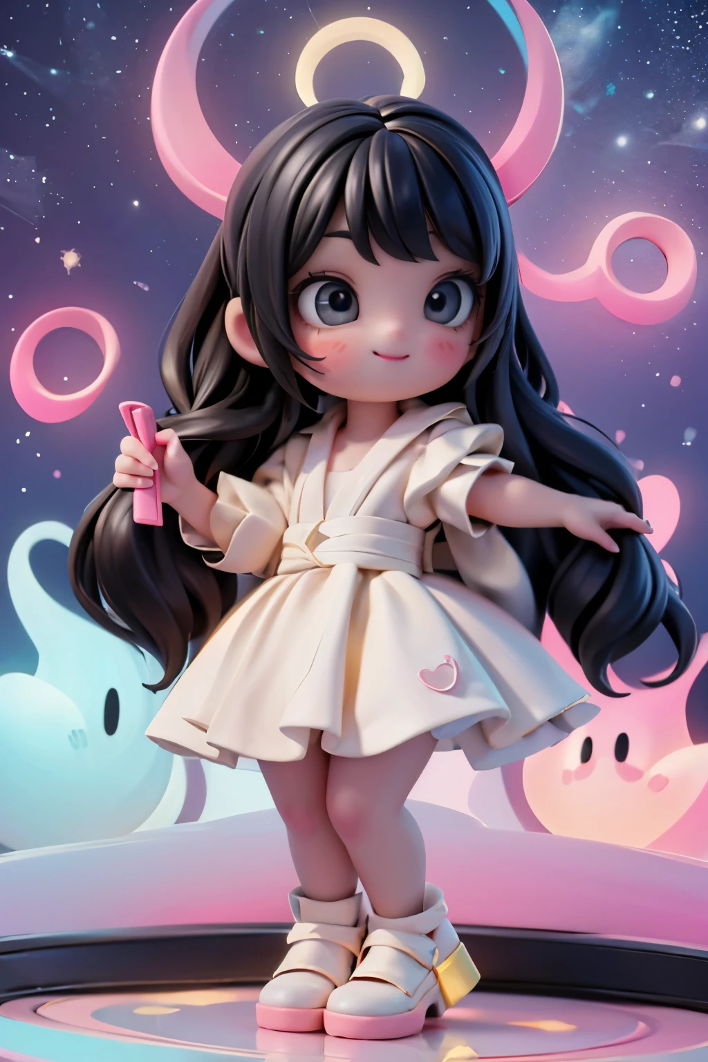 A whimsical nighttime scene: A plump, winged girl with black hair and intricate salon-style hairstyle, adorned with hairbows and makeup featuring bold red smokey eyes and blush. She wears a flowing white dress, ruby earrings, and stands in front of an amusement park at night, illuminated by string lights and the silvery glow of the full moon. Her magical brush paints vibrant neon colors into the air as she smiles, surrounded by swirling hues of pink, blue, and green. Framed from a low angle, looking up at her, with focus on her stunning footwear: white patent leather pumps and matching hosiery.