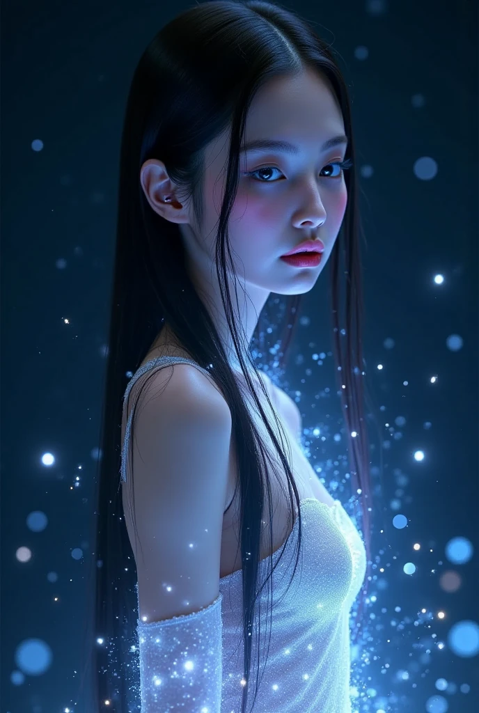Close-up shot of a lone enigmatic female figure emerging from darkness. Neon hues and sparkling particles illuminate her refined features, including piercing gaze defined by luscious eyelashes. Radiant skin glows alongside flowing diaphanous attire resembling wispy fog around sinuous form. CMYK colors blend in artist's strokes, infusing depth and dimension. Backlit radiance casts entrancing aura, freezing surreal scene inviting viewer to enter mystical realm.