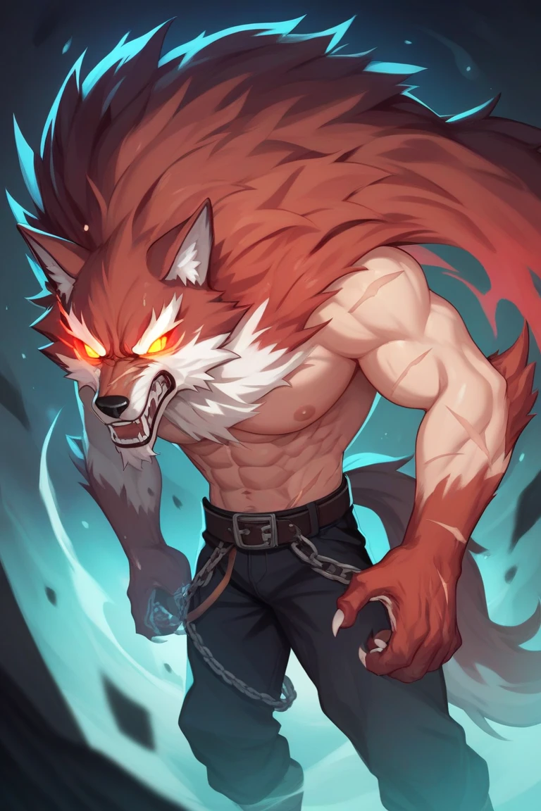 lobo antropoformo, pelaje gris, pectorales y abdominales marcados, pecho descubierto, hombreras y pantalones negros, ojos de iris roja, dominante, pose majestuosa, aura dorada alrededor