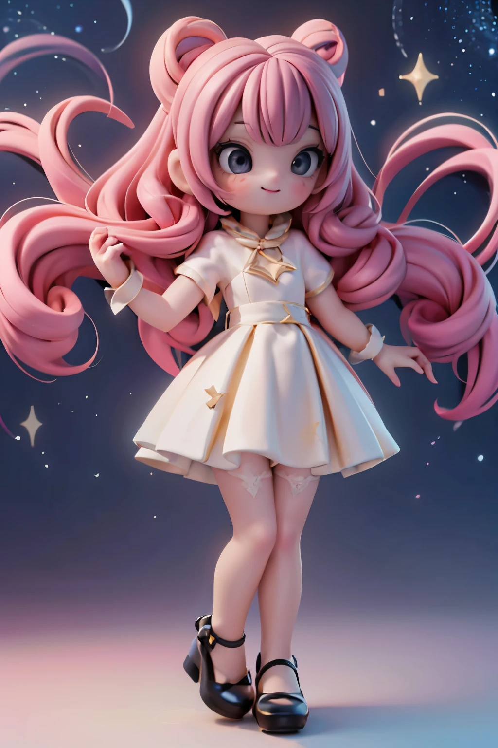 A whimsical scene unfolds: a plump girl with large, curly hair and vibrant hairbows poses amidst a magical aura of neon hues. She wears a white dress, ruby earrings, and gleams with red smokey eyes and rosy cheeks. In one hand, she grasps a brush that radiates colors into the air. The background features a moonlit amusement park at night, illuminated by twinkling string lights. Shot from a low angle, we gaze up at her from below, focusing on her footwear - a pair of sparkling white patent leather pumps and hosiery. The dynamic composition captures the fantasy art style's essence, as our subject exudes joy and magic under the starry night sky.