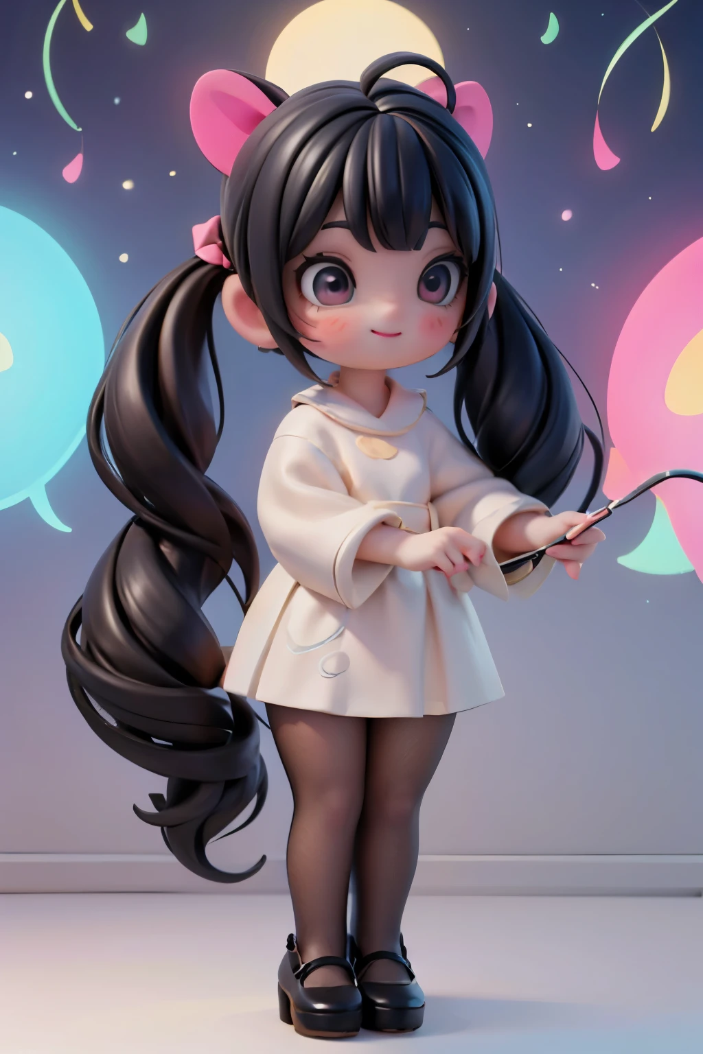 A whimsical nighttime scene: A plump, winged girl with black hair and intricate salon-style hairstyle, adorned with hairbows and makeup featuring bold red smokey eyes and blush. She wears a flowing white dress, ruby earrings, and stands in front of an amusement park at night, illuminated by string lights and the silvery glow of the full moon. Her magical brush paints vibrant neon colors into the air as she smiles, surrounded by swirling hues of pink, blue, and green. Framed from a low angle, looking up at her, with focus on her stunning footwear: white patent leather pumps and matching hosiery.