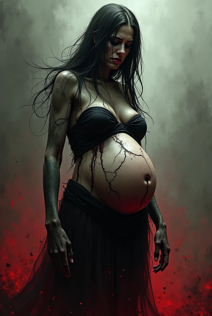 True death, death invarnate,rotting skin, rotting flesh, realistic horror face, undead, gorgeous seductive body, seductive pose, undead pregnant, undead fetus crawling out of the womb,