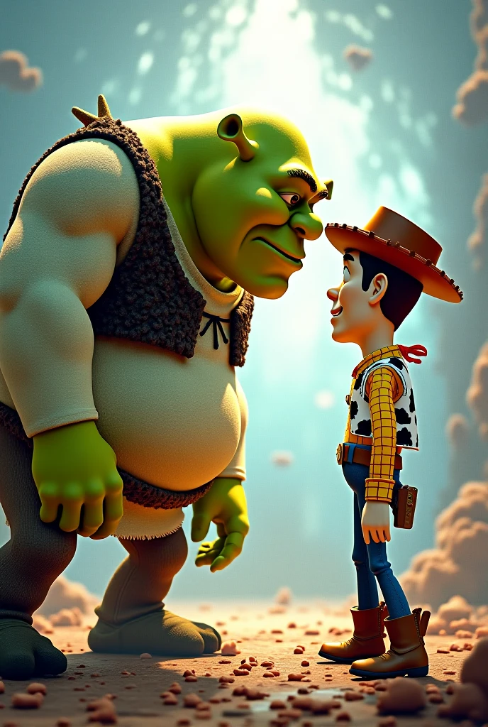 Image of an epic fight of a Teletubbie fighting against the ogre Shruek. Let Woody from Toy Story watch with intrigue.