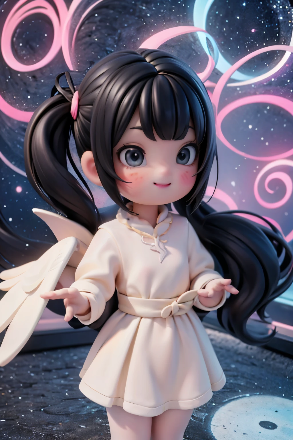In a whimsical nighttime setting, with the full moon shining brightly in the background, a plump and adorable winged girl stands out against a canvas of neon glowing colors suspended in the air. She's dressed in a flowing white dress, her black hair styled in intricate salon locks adorned with hairbows, and her face painted with vibrant makeup - red smokey eyes and blush adding to her enchanting smile. Her magical brush glows with an ethereal light as she brings the swirling colors to life. A string of lights crisscrosses the dark sky above, framing the amusement park's twinkling attractions. The camera captures a dynamic low-angle shot from below, focusing on the girl's stunning white patent leather pumps and matching hosiery, as if drawn into her magical world.