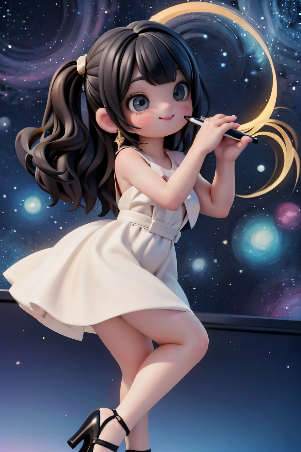 A whimsical scene unfolds: a plump girl with large, curly hair and vibrant hairbows poses amidst a magical aura of neon hues. She wears a white dress, ruby earrings, and gleams with red smokey eyes and rosy cheeks. In one hand, she grasps a brush that radiates colors into the air. The background features a moonlit amusement park at night, illuminated by twinkling string lights. Shot from a low angle, we gaze up at her from below, focusing on her footwear - a pair of sparkling white patent leather pumps and hosiery. The dynamic composition captures the fantasy art style's essence, as our subject exudes joy and magic under the starry night sky.