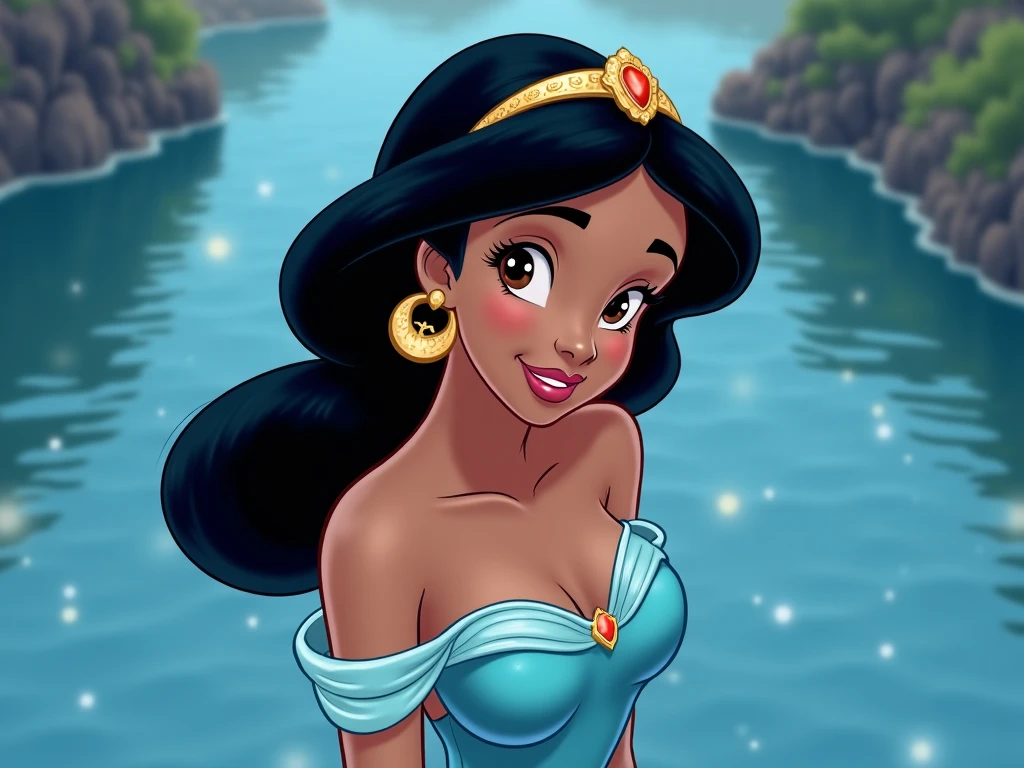 1girl, solo, blue mermaid, blue mermaid tail below waistline, beach, jasmine \(disney\), looking at viewer, lips, smirk, dark-skinned female, standing, contrapposto, (upper body:1.1), black hair, very long hair, brown eyes, eyeliner, blush, nsfw, solo, jewelry, dress, (black dress:1.1), (center opening:1.1), absolute cleavage, short dress, medium breasts, cleavage, skindentation, revealing clothes, wide hips, bracelet, necklace BREAK
outdoors, day, sky, cloud, blue sky, cloudy sky, full body, beach, sit on beach