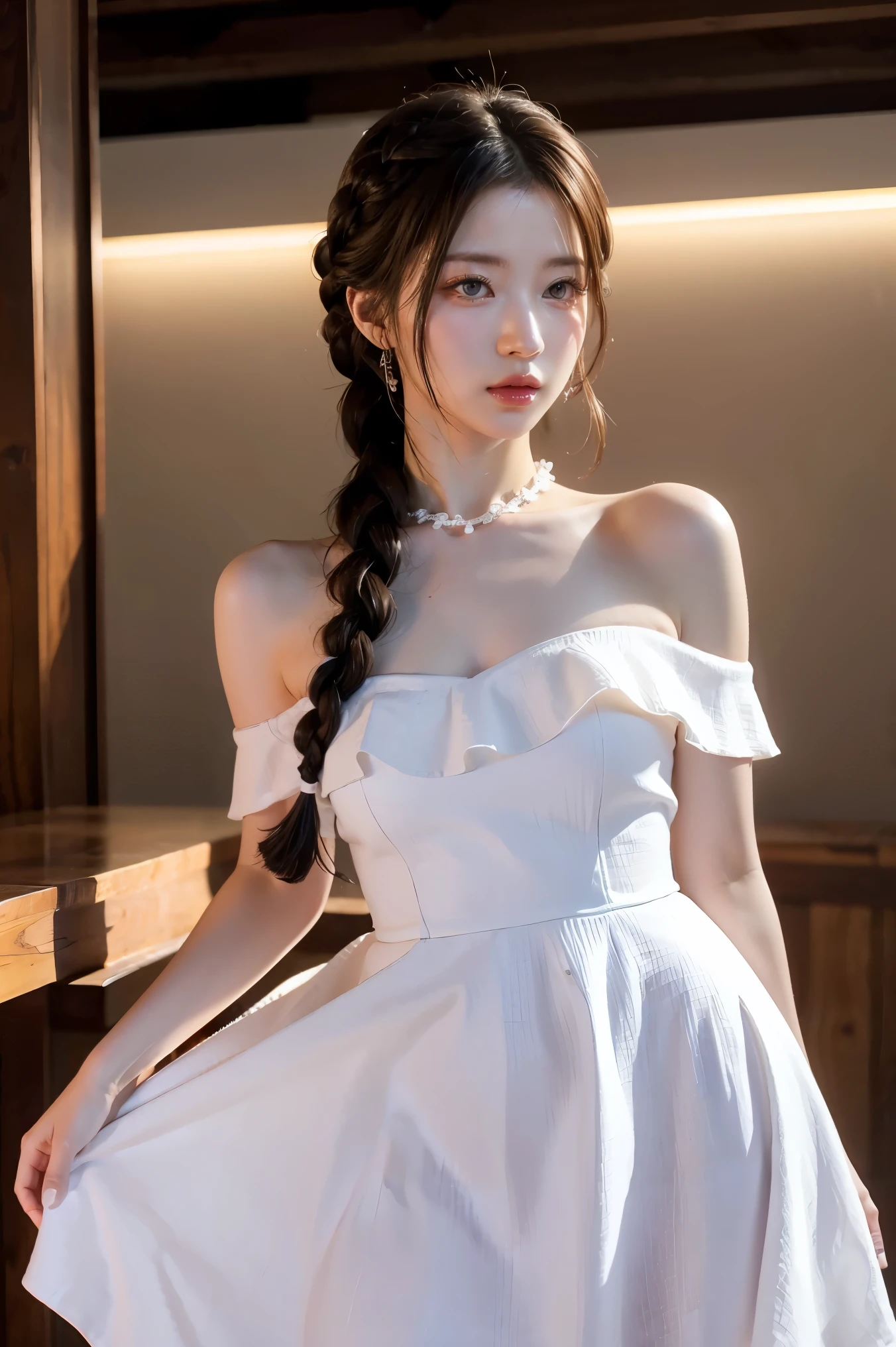 1girl,highres, high quality, masterpiece, mxmkWhiteDress, bare shoulder, purple eyes, white dress, braid